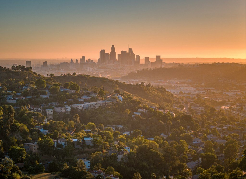 Los Angeles skyline at golden hour, viewed from the Westside hills